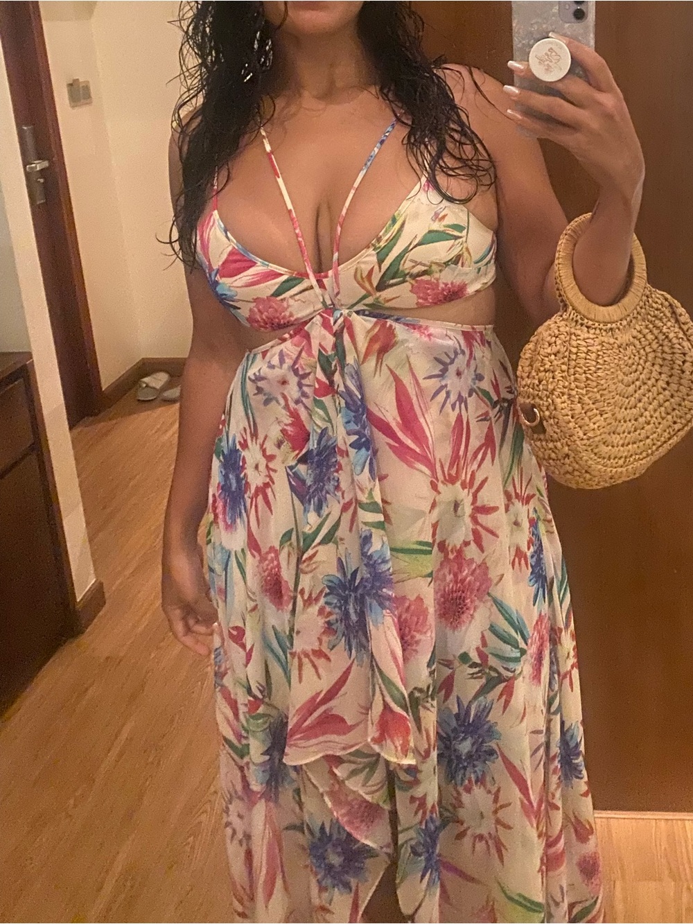 Sexy Luxxel Floral Maxi Dress in Cream with Pink, Blue & Green Print Size L